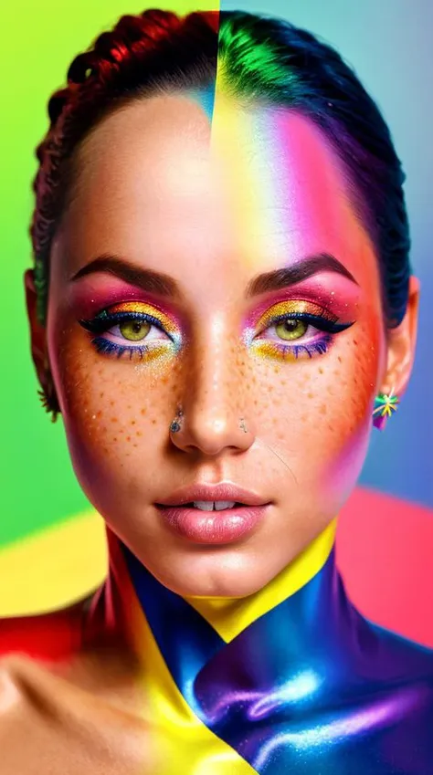 a woman with a rainbow painted face and body is posing