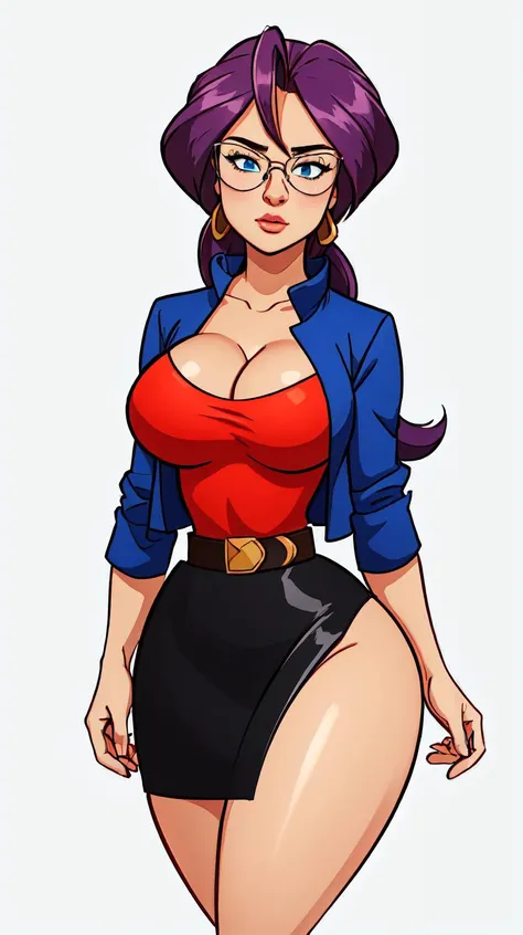 <lora:lorelei-nvwls-v1:1> animeLorelei, purple hair, blue eyes, hair between eyes, glasses, blue jacket, red shirt, cleavage, belt, pencil skirt high detailed, masterpiece, as cartoon character, perfect hands, round breasts, wide hips, thick thighs, ultra ...