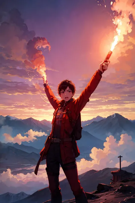 SignalFlare, a man holding a signalflare, over the mountain, dusk<lora:SignalFlare:1>, hero pose, open arms