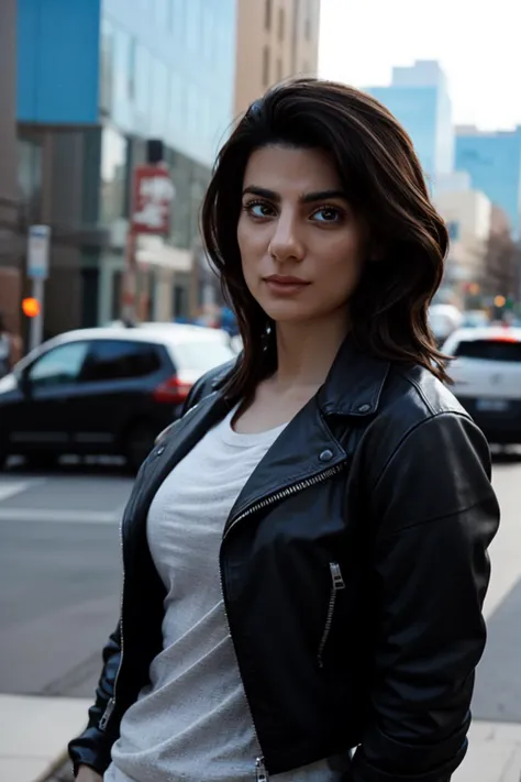 araffe woman in a black leather jacket standing on a city street