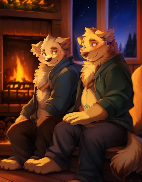 duo focus, male focus, cu sith, blue eyes, blush, smile, fangs, fingers, with open clothes, pubic tattoo, pants, sitting on the wood floor, relaxing, in front of fireplace, night, cozy room, window, warm lighting, kemono, by hioshiru, by einshelm, edwin la...