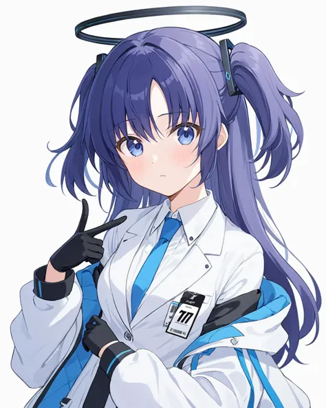 yuuka (blue archive),1girl, solo, necktie, gloves, jacket, white background, simple background, looking at viewer, id card, halo, black gloves, blue necktie, shirt, off shoulder, white jacket, two side up, blush, white shirt, upper body, open clothes, long...