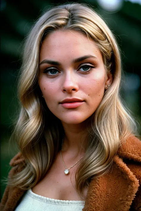 a close up of a woman with a brown jacket and a necklace