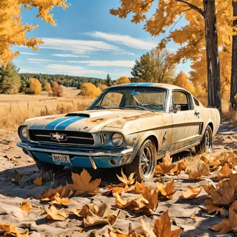 panorama, dreamy vibes art style, 	Shelby Mustang  , dust deposit, backroad, maple leaves, torrid, watercolor, masterpiece, comics page, crystal clear blue sky, dusty, music, <lora:chinese-art:2>, dust, flat colors, paper texture, golden hour, old, abandon...