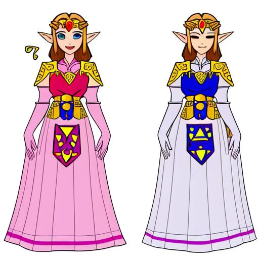 Ocarina of Time Zelda, orange hair, long hair, blue eyes, pointy ears, pink princess dress, triforce, gold triforce earrings, gold pauldrons, gold belt, gold and ruby circlet