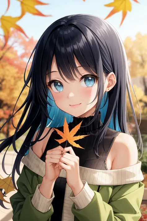 1girlsolo, holding leaf, autumn leaves, long hair, leaf, black hair, holding, sweater, bangs, jacket, white sweater, autumn, looking at viewer, multicolored hair, green eyes, maple leaf, upper body, long sleeves, smile, blurry background, blurry, orange ha...