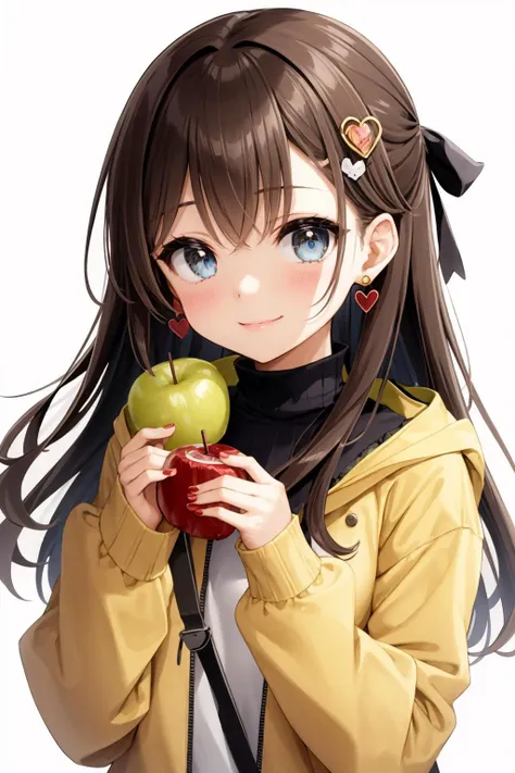 1girlsolo, brown hair, food, jacket, long sleeves, fruit, long hair, hair ornament, jewelry, upper body, cropped torso, hood, earrings, brown jacket, looking at viewer, nail polish, ribbon, hood down, hair ribbon, sleeves past wrists, bangs, open jacket, h...