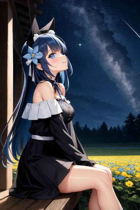 (best quality)(masterpiece), (ultra detailed), (highres), production art,
1girl, long hair, solo, flower, petals, sitting, sky, dress, blue hair, star (sky), very long hair, ribbon, night, starry sky, pillar, blue flower, looking up, outdoors, night sky, f...