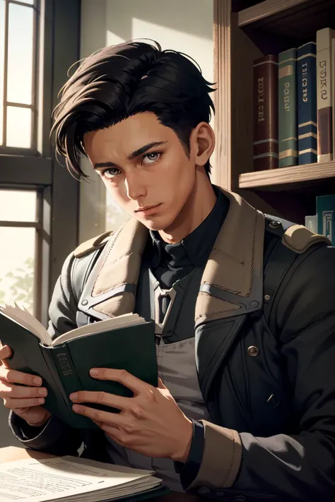 ((ultra detailed, masterpiece, best quality))
 <lora:MEAReyes:0.8>
MEAReyes, 1boy, solo, brown hair, short hair, In a cozy, well-lit library, reading a book while dressed in classic, refined attire