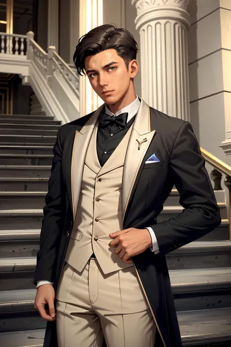 ((ultra detailed, masterpiece, best quality))
 <lora:MEAReyes:0.8>
MEAReyes, 1boy, solo, brown hair, short hair, In a formal tuxedo, standing beside an elegant staircase in a grand, opulent mansion