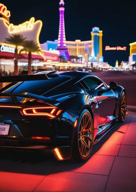 A (gleaming supercar:1.3), (neon-lit Strip:1.2) of Las Vegas, (vibrant nightlife:1.1), reflection of city lights on polished hood, (sleek aerodynamics:1.2), high-performance luxury, the essence of speed, (sin citys opulence:1.1), sharp contrast under (city...