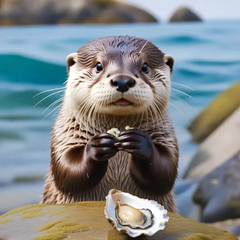 masterpiece, best quality, ((a cute otter offering viewer an oyster)), detailed background, ocean, beach, detailed fur