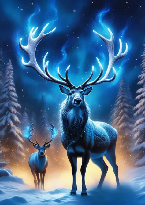 style by (Harold McCauley:1.2),christmas amazing dark fantasy (night-raging:1.6) phantasmagoria,dramatic lighting ,unique detailed snow-storm<lora:add-detail-xl:1.5>(Santas Majestic Blue Flame Reindeer:1.4), (epic celestial winter atmosphere:1.3),raging1Re...