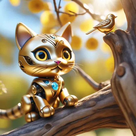 a cute little robot cat shining in the sun looking at the bird in the tree with its big eyes, golden mottled metallic skin, ultra realistic, elaborate, phptprealistic, 8k, insanely detailed, sharp focus, masterpiece, analog style, realism, photorealistic