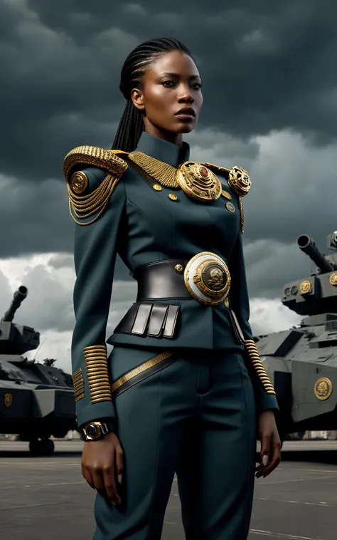 (style of Annie Leibovitz),(intense dramatic lighting),((dark-skinned woman in sci-fi military-style uniform standing in front of mechatank)),sharp angles,embellished with intricate gold braiding and medals,commanding posture,(dystopian cityscape in the ba...