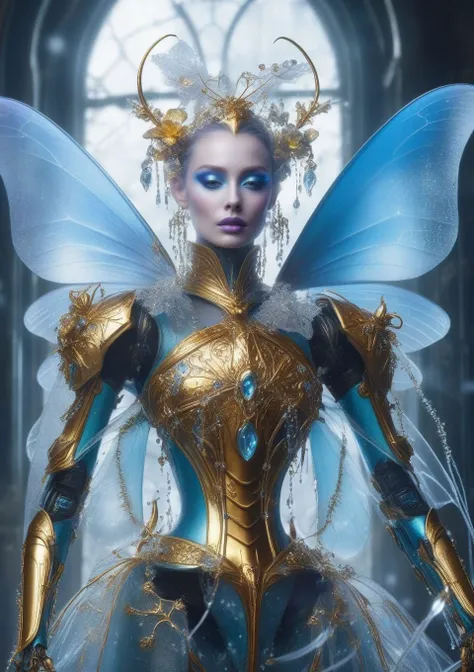 portrait of Zeal Robot Insects a caress of malice, wearing Cerulean, Orchid, ethereal fairy wings, in frosty breath in cold air isolated tower, mauled by beasts, sparkling dew on spider webs, sinister ambiance golden goblet