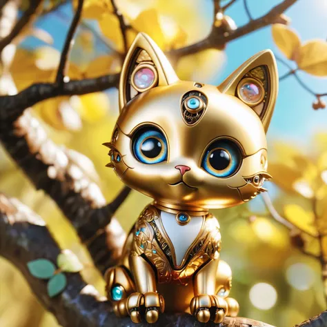 a cute little robot cat shining in the sun looking at the bird in the tree with its big eyes, golden mottled metallic skin, ultra realistic, elaborate, phptprealistic, 8k, insanely detailed, sharp focus, masterpiece, analog style, realism, photorealistic