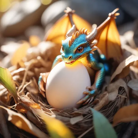 instaport style, Closeup shot of A high-resolution image of a cute baby dragon, hatching from an egg with litle wings curled up in a warm nest of dried leaves, with bright scales glinting in the sunlight