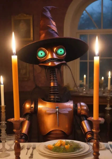 portrait of pained grimace Robot-dragonfly a caress of malice, wearing copper, mahogany, tangerine, worn witch hat, in candelabra-lit dinner alien abduction site with clinical terror, rotting eyes, scent of decay, agonizing scream enchanted broomstick