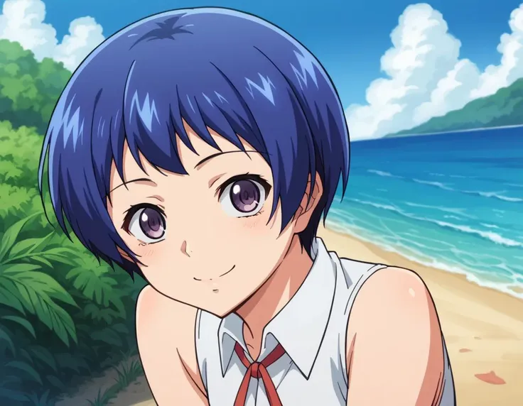 anime image of a girl with blue hair and a tie on a beach