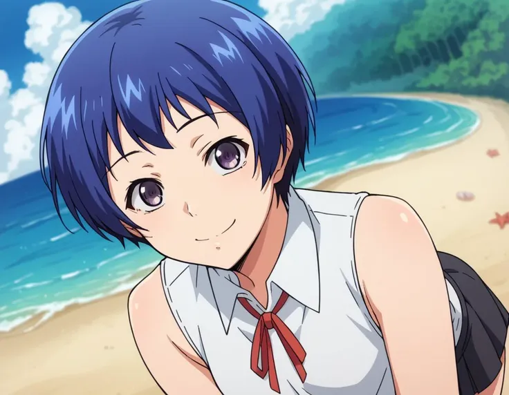 anime girl with blue hair and a white shirt on a beach