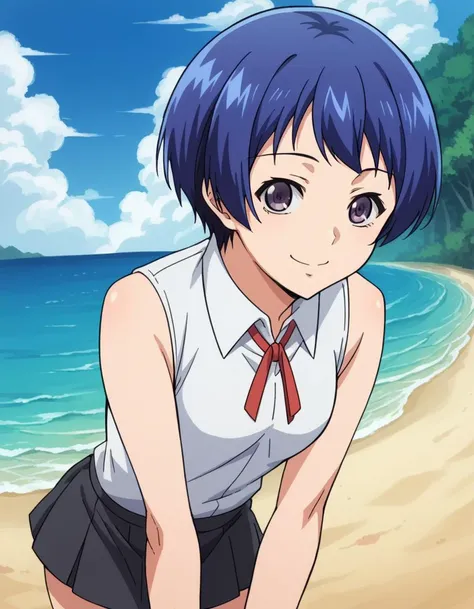 anime girl in school uniform standing on the beach with her hands on her hips