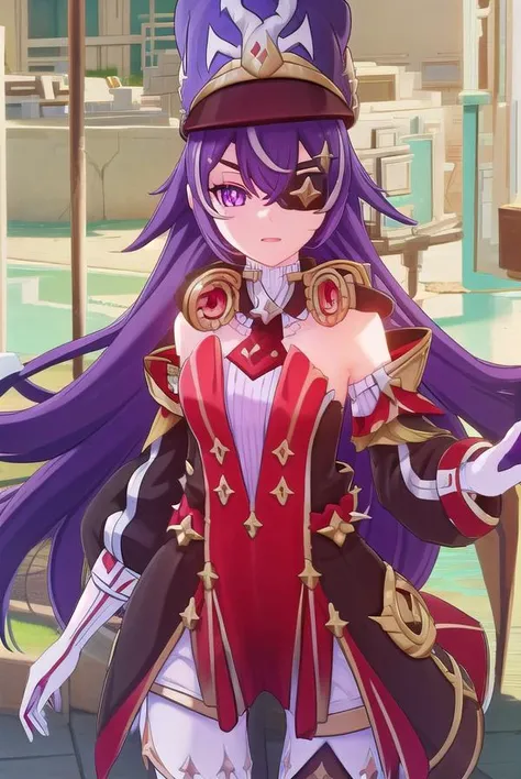 chevreuse, <lora:genshin chevreuse ingame-lora-nochekaiser:1>,
chevreuse, long hair, bangs, hair between eyes, (purple eyes:1.1), purple hair, (eyepatch:1.5),
BREAK gloves, hat, dress, bare shoulders, detached sleeves,
BREAK outdoors,
BREAK looking at view...