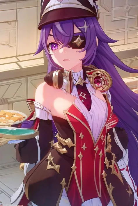 chevreuse, <lora:genshin chevreuse ingame-lora-nochekaiser:1>,
chevreuse, long hair, bangs, hair between eyes, (purple eyes:1.1), purple hair, (eyepatch:1.5),
BREAK gloves, hat, dress, bare shoulders, detached sleeves,
BREAK outdoors,
BREAK looking at view...