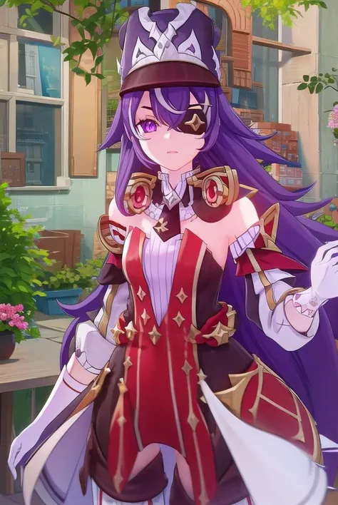 chevreuse, <lora:genshin chevreuse ingame-lora-nochekaiser:1>,
chevreuse, long hair, bangs, hair between eyes, (purple eyes:1.1), purple hair, (eyepatch:1.5),
BREAK gloves, hat, dress, bare shoulders, detached sleeves,
BREAK outdoors,
BREAK looking at view...