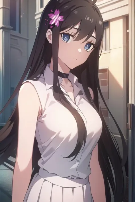 sunrong, <lora:sunrong-lora-nochekaiser:1>,
sun rong, long hair, black hair, hair ornament, ahoge, blue eyes, hair flower,
BREAK skirt, shirt, white shirt, sleeveless, choker, black choker, white skirt,
BREAK looking at viewer,
BREAK outdoors,
BREAK <lyco:...