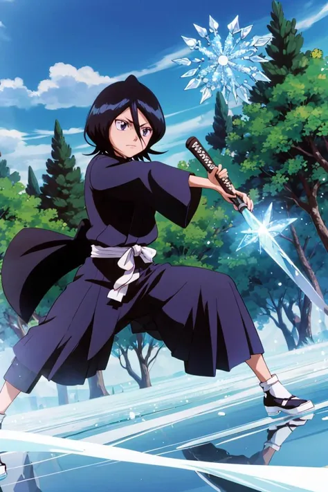 <lora:Rukia:0.9> , rukia, black hair, short hair, purple eyes, soul society, black kimono, black ShihakushÅ, holding katana, ice crystals, battle stance, swirling ice particles in the air, Sode no Shirayuki, zanpaktou, trees in the background, blue sky, i...