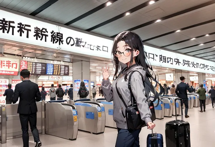 there is a woman walking through an airport with her luggage