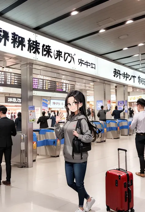 araffe woman walking through an airport with a red suitcase