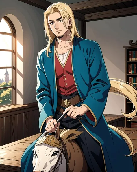 ((masterpiece), best quality, high quality, professional quality, highly detailed, highres, perfect lighting, natural lighting), (1boy, muscular, handsome, no facial hair, medium length hair, blonde hair), wearing wizard robes, riding a horse, in a castle