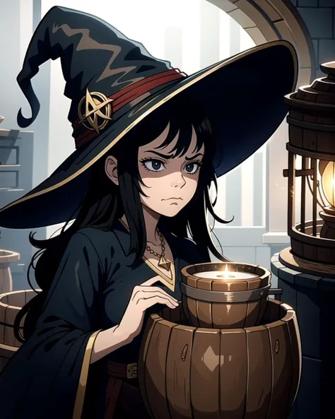 a woman in a witch hat holding a candle in a barrel