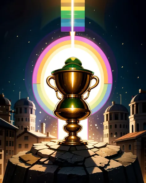 a golden trophy on top of a rock with a rainbow in the background