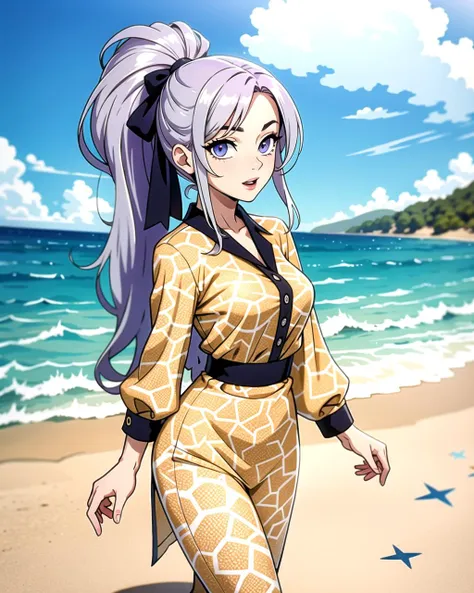 a woman in a giraffe print outfit walking on a beach