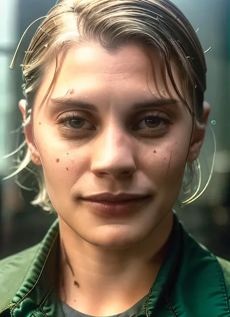 a close up of a woman with a green jacket and earrings