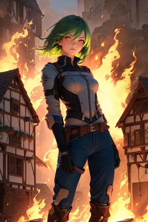 (masterpiece, detailed, best quality), realistic, 1girl,orange eyes, pupils, green hair, breeches, gloves, standing, cowboy shot, looking at viewer, smug,  lighting, shadows, village in fire, <lora:GoodHands-vanilla:1>