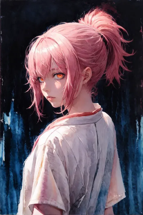(masterpiece), anime, (photo_(medium):1.0), by Antonio J. Manzanedo, by Jeremy Lipking, 1girl, lightning, in a surreal landscape, painting style with watercolor, brushstrokes, unbuttoned, orange eyes, ponytail, pink hair, cyberpunk, japanese clothes
