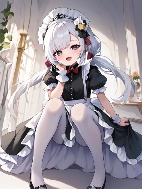 sfw, score_9, score_8_up, score_7_up, score_6_up, score_5_up, score_4_up, source_anime, masterpiece, best quality, flandre (azur lane) twintails , white hair, maid, white pantyhose  <lora:mesugaki_Pony_v1:0.9>, mesugaki, looking at viewer, smile, hand up, ...