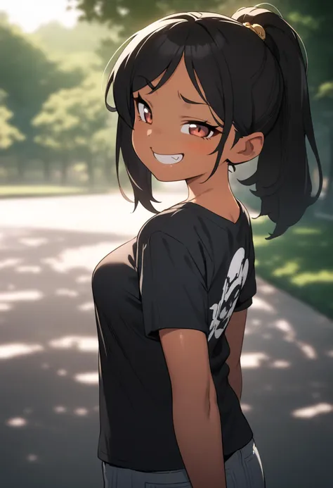 anime girl with ponytail hair and black shirt standing on a road