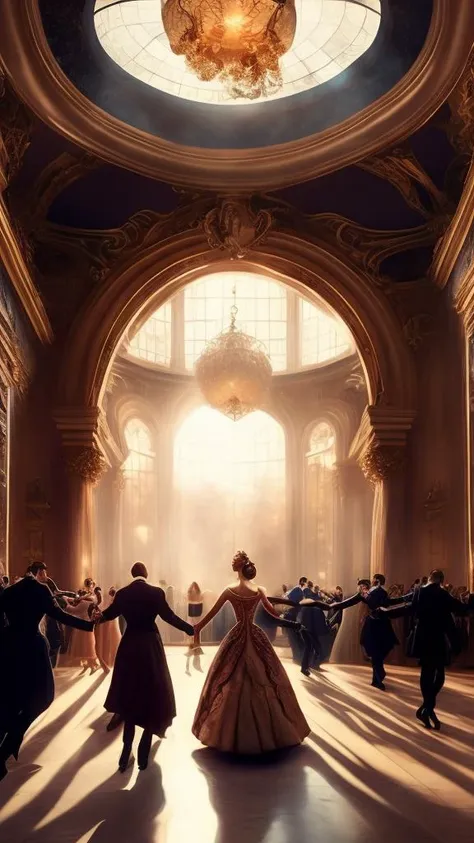 people dancing waltz in a large elegant hall, masterpiece, photorealistic, elegant, highly detailed, 8 k, soft lighting, mid-shot, highly detailed, cinematic wallpaper