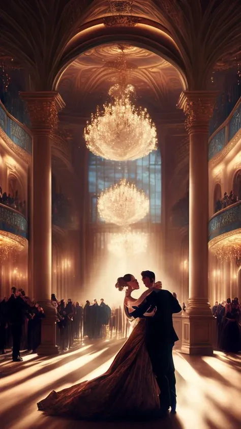 people dancing waltz in a large elegant hall, masterpiece, photorealistic, elegant, highly detailed, 8 k, soft lighting, mid-shot, highly detailed, cinematic wallpaper