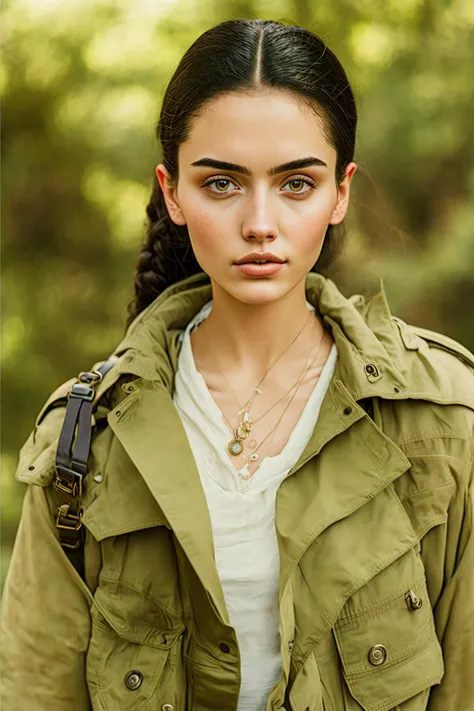 closeup photo of a 12 year old woman, (caucasian white skin:1.2), wearing a cutoff (unbuttoned plunge military jacket:1.2), black hair in a pony tail, sultry expression, in a jungle, Cannon EOS 5D MARK III, 50mm Sigma f/1.4 ZEISS lens, F1.4, 1/800s, ISO 10...