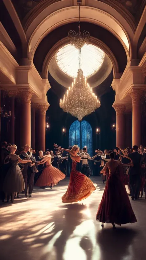 people dancing waltz in a large elegant hall, masterpiece, photorealistic, elegant, highly detailed, 8 k, soft lighting, mid-shot, highly detailed, cinematic wallpaper