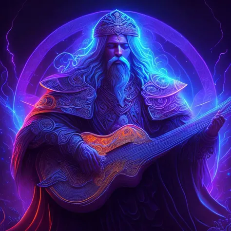 deity bard surrounded by uv lights, black light posters, and trippy visuals, Highly detailed, Intricate, Neon lighting, Digital painting, art by alex gray, Trending on Artstation, sharp focus.