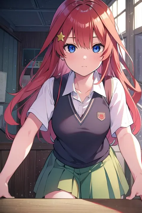 anime girl with red hair and blue eyes standing in a room