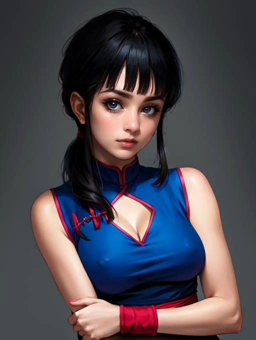 <lora:chi-chi_v1:0.8>,dragon ball,bbchichi,(low ponytail:1.1),black hair,blunt bangs BREAK
chinese clothes,blue dress,sleeveless,wristband,sash BREAK
revealed cleavage,exposed medium breasts,(covered nipples:1.1) BREAK
(ambient lighting:1.1)(ultra realisti...