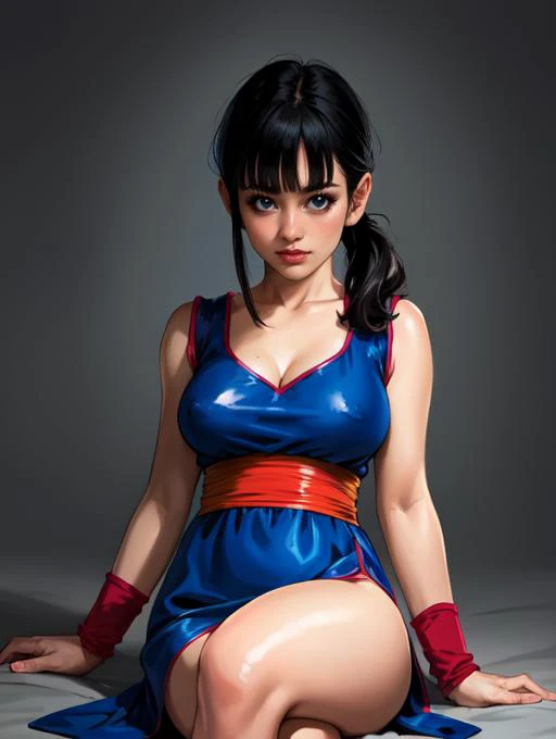 <lora:chi-chi_v1:0.8>,dragon ball,bbchichi,(low ponytail:1.1),black hair,blunt bangs BREAK
chinese clothes,blue dress,sleeveless,wristband,sash BREAK
revealed cleavage,exposed medium breasts,(covered nipples:1.1) BREAK
(ambient lighting:1.1)(ultra realisti...